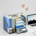 Lavatino Desk Organizer with File Holder, 5-Tier Paper Letter Tray Organizer with Sliding Drawer and 2 Pen Holder, Mesh Desktop File Organizer for Office Supplies (Black) - Image 7