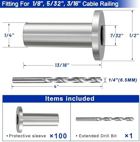 Steel DN Mate 100 Pack Stainless Steel Protector Sleeves for 1/8" 5/32" or 3/16" Cable Railing, Cable Protector Sleeves for Cable Railing System,T316 Cable Railing Hardware with a Drill Bit, DE50 - Image 2