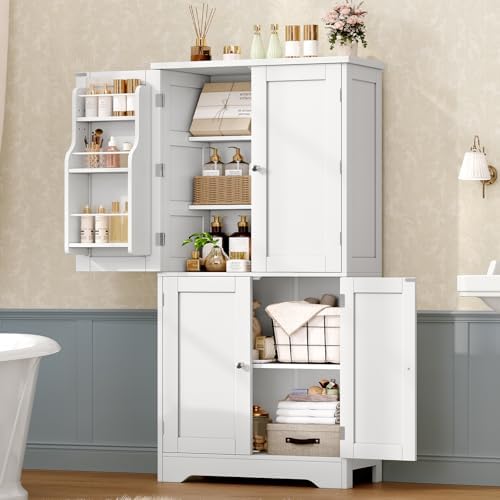 TEENFON Storage Cabinet, Pantry Cabinet with 4 Doors and 3 Storage Shelves, Kitchen Cabinet, Bathroom Storage Cabinet for Living Room, Small Space, Dining Room, 51”H White - Image 2
