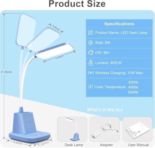 LED Desk Lamp with 10W Wireless Charging & Pen Holder, Blue - Image 6