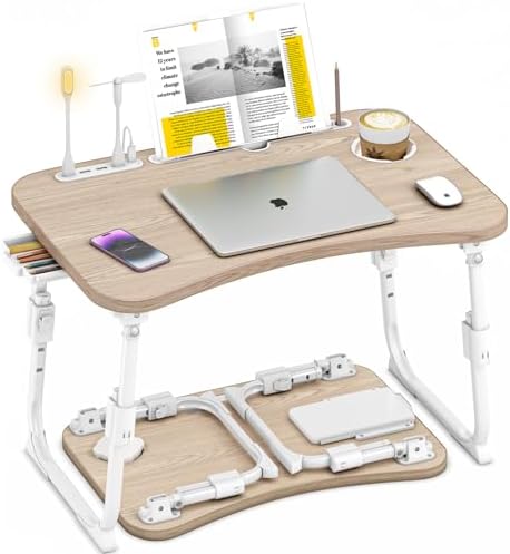 Lap Desk for Bed Adjustable Height, Foldable Bed Table with Storage Drawer, Tablet Slot & Cup Holder, Portable Laptop Stand for Bed & Sofa, Bed Desk for Adults & Kids, Glacier by OPKING