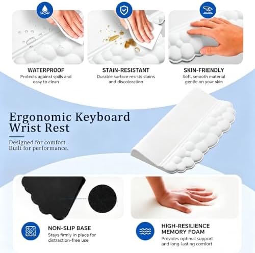 Cloud Keyboard Wrist Rest with Sloped Keyboard Pad, Ergonomic 3-in-1 Mouse Pad with Wrist Support and Coaster, Non-Slip Memory Foam Desk Mat Set for Mechanical Keyboard, Office & Gaming,White - Image 3