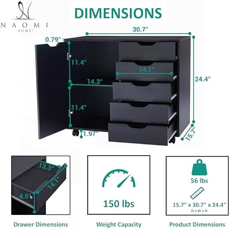Naomi Home Amy 5-Drawer Rolling Office File Cabinet - Black - Image 2
