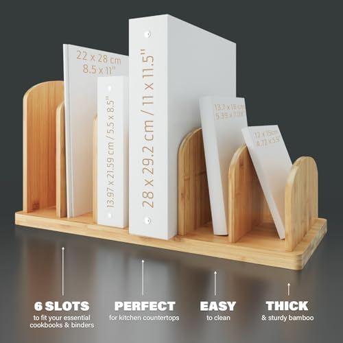 Cook Book Organizer, 6 Sections, Recipe Book Holder Rack, Tabletop Stand for Convenient Cookbook Storage, Vertical Cook Book Stand Kitchen, Binder Holder for Desk & Countertop (Bamboo) - Image 4