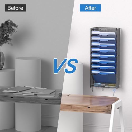 OUTWOLF 10 Tier Hanging Wall File Organizer Wall Mount Paper Document Folder Holder with Hooks for Home Office Organization - Image 6