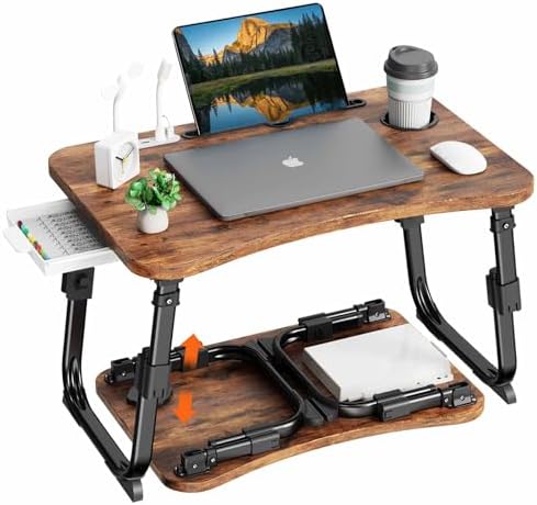 BYMECOST Laptop Desk for Bed, Height Adjustable Laptop Bed Table, Foldable Portable Lap Desk Stand with USB/Storage Drawer/Cup Holder/Slot, Breakfast Tray for Working Reading Writing Eating by BYMECOST