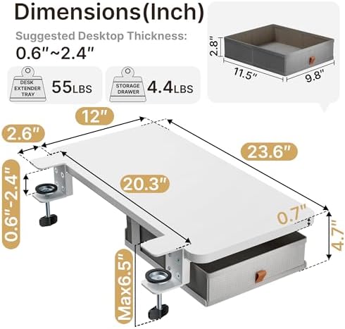 PEGZONE Desk Extender Tray, 24" x 12", with Storage Drawer, Medium, White - Image 6