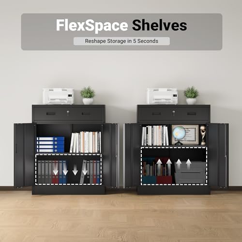 CJF Metal Storage Cabinet, Locking Storage Cabinet with 1 Drawer and Adjustable Shelf, 36" H x 28" W x 16" D Metal Cabinets for Office, Home, Garage -Black - Image 4