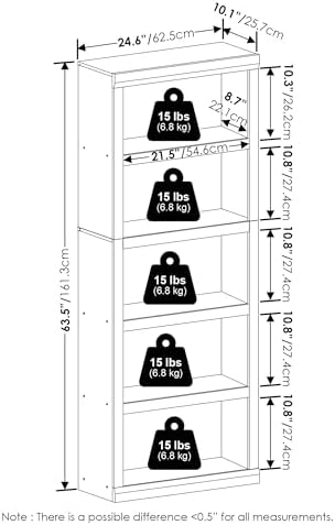 Furinno Rail 5-Tier Book Shelf with Open Shelf, White - Image 3