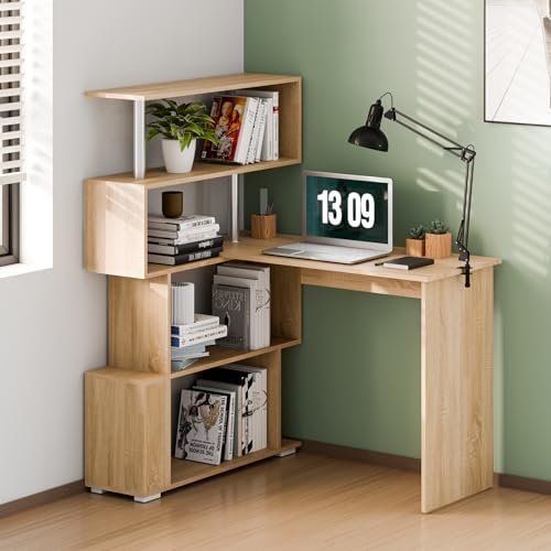 Mondeer Corner Desk, L Shaped Desk with Rotatable Storage Shelves, Oak - Image 6