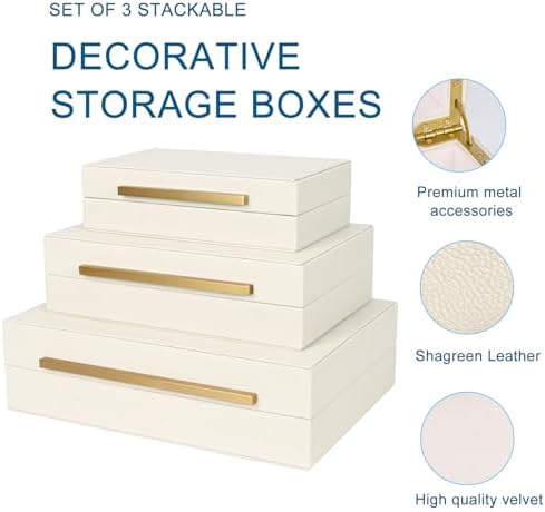 Beige Shagreen Decorative Box Set of 3 - Faux Leather Nesting Storage Boxes with Lids, Large Modern Jewelry Organizer, Stackable Home Decor Box for Bedroom, Bathroom & Office - Image 4