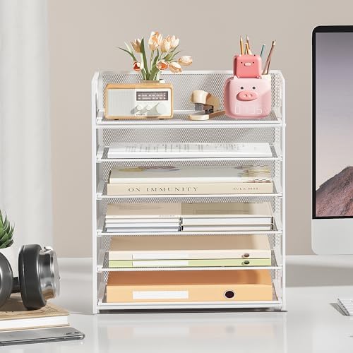 Subekyu 6-Tier Desk Paper Organizer, Desktop File Letter Tray with Handle, Document Sorter and Accessories Holder for Office, Home and School Workspace Organizers, White - 2 Pack - Image 3