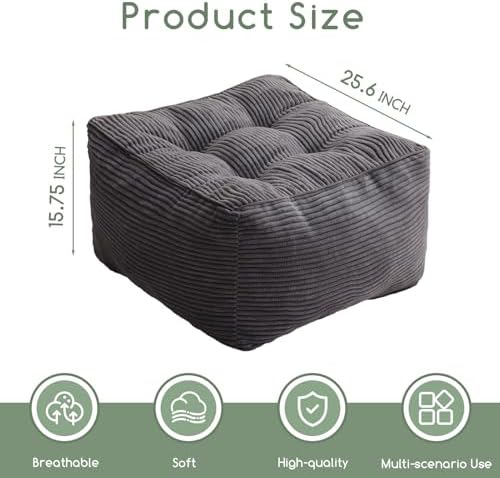 HIGOGOGO Square Stuffed Pouf Ottoman, Corduroy Poufs with Foam Chunk Filling, Furry and Fluffy Pouf Foot Stool Storage Ottoman, 25.6 X 25.6 Floor Poufs Foot Rest for Living Room, Dark Grey - Image 2