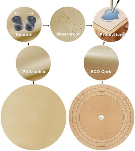 MAIDERN 42 Inch Round Cork & Leather Table Pad Protector, Cuttable Size (36-42 Inch), Trimmable Dining Table Mat, Heat Resistant/Non-Slip Table Cover for Kitchen, Office, or Restauran (Golden) - Image 3