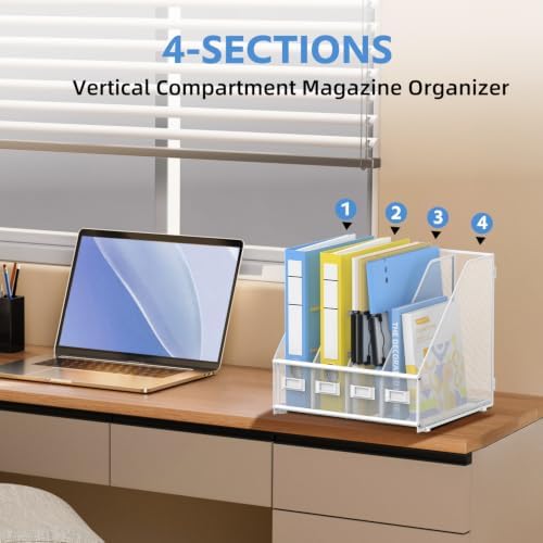 4 Vertical Compartments Magazine File Holder, Metal Binder Organizer, White - Image 5