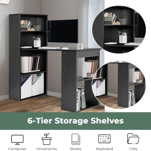 Tangkula Computer Desk with Bookshelf, Writing Study Desk with Storage Shelves & CPU Stand, Modern Compact Computer Workstation for Home & Office, Space-Saving Design (Black) - Image 3