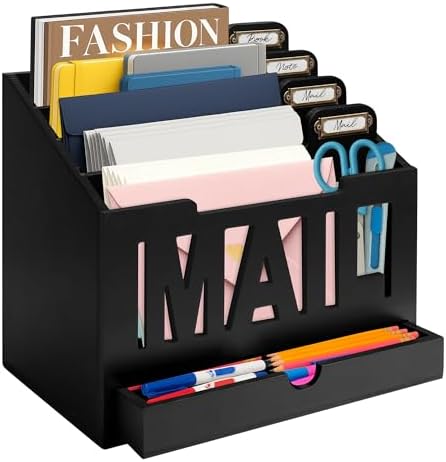 Mail Organizer Countertop, Desktop Mail Sorter with Drawer & Label Tags, BK by ADDFITHOUSE