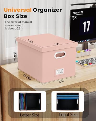 Oterri 2 Pack File Storage Organizer Box,Filing Box,Portable File Box with Lid,Fit for Letter/Legal File Folder Storage, Cream-pink(Leather)-Box only - Image 3