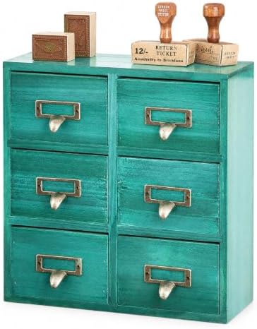 Vintage Card Catalog Drawers for Desktop - 6-Drawer Mini Wood Cabinet - Teal Turquoise Organizer, Fully Assembled by Woodaholic