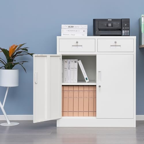 Wanfu Metal Storage Cabinet, Locking Storage Cabinet with Adjustable Shelf, 36" H Metal Cabinets with 2 Drawers for Office, Garage, Home-White - Image 5