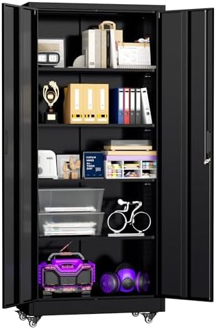 Superday Garage Storage Cabinet with Wheels，73" H Metal Storage Cabinet with Doors and Adjustable Shelves, Lockable Steel Utility Tool Cabinets for Garage, Home Office, Kitchen(Black) by SuperdayMetalFurniture