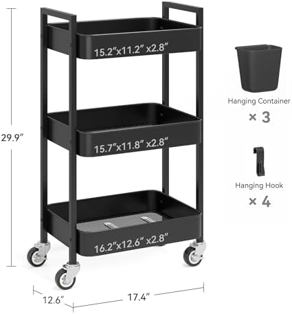 Nunsino 3 Tier Rolling Cart,Utility Cart with Locking Wheels, Hanging Cups & Hooks, Heavy Duty Metal Storage Organizer Cart for Kitchen,Office, Bathroom,Craft Room,Black - Image 4