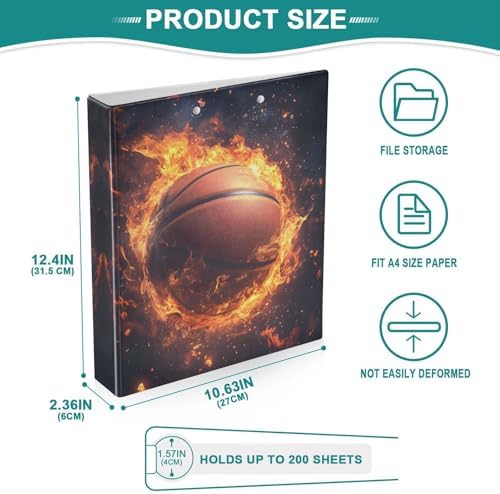 JIPONI 3 Ring Binder Basketball Fire 1 Inch Round Binders for Men Women Students, Cute File Organizer for Office Home School - Image 4