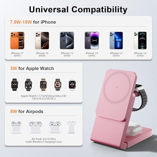3-in-1 Charging Station for Apple Devices, Foldable Magnetic Wireless Charger Stand, Fast Charger Station for iPhone17/16/15/14/13/12 Pro Max/ AirPods2/3/4 and IWatch Ultra Series(Pink) - Image 4