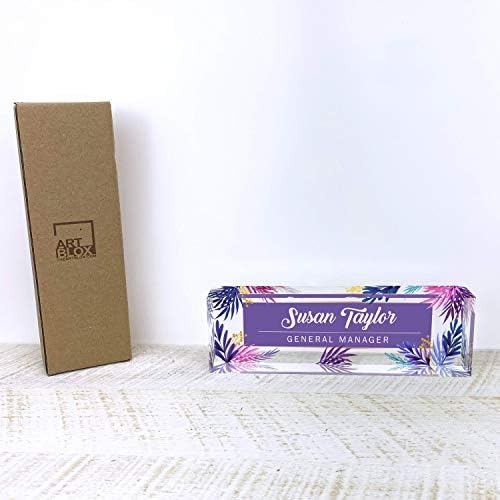 Artblox Office Desk Name Plate Personalized | Custom Name Plates for Desks | Purple Leaf Design On Clear Acrylic Glass | Office Desk Decor - (8" x 2.5") - Image 6
