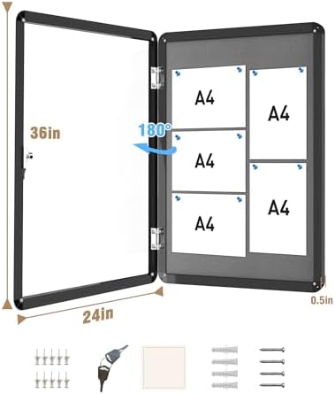 Mifuro 36"x24" Enclosed Bulletin Board, Lockable Weather-Resistant Aluminum Cork Noticeboard for School & Office, Black Frame w/Grey Flet - Image 5