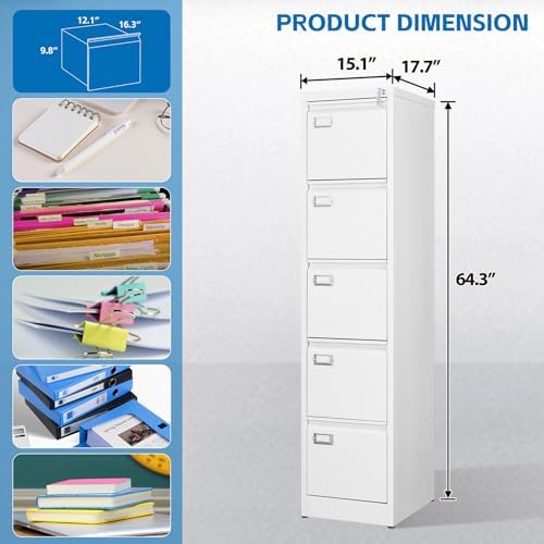 BYNSOE 5 Drawer File Cabinet with Lock Metal Vertical File Cabinet Office Home Vertical File Cabinet for A4 Legal/Letter Size Narrow File Cabinet Locked,Assembly Required - Image 3