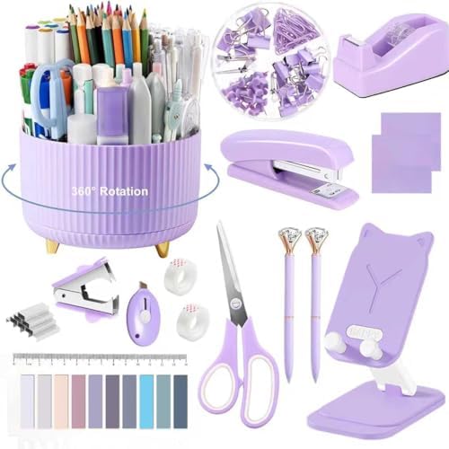 Office Supplies,Purple Desk Accessories,Desk Organizer,Phone Stand,Scissors,Stapler,Tape Dispenser,Binder clips,Staples,staple remover,Sticky Notes,Index Tabs,Clear Tape,Mini Box Cutter,Cool Pen.16pcs by suniya