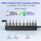 320W Charging Station for Multiple Devices, 10 Ports Fast Multi-Device Charger Organizer Compatible with MacBook Pro Laptop, iPhone, Android, Ipad, Tablet, Kindle, Multi-Device Charging Dock（Black） - Image 3