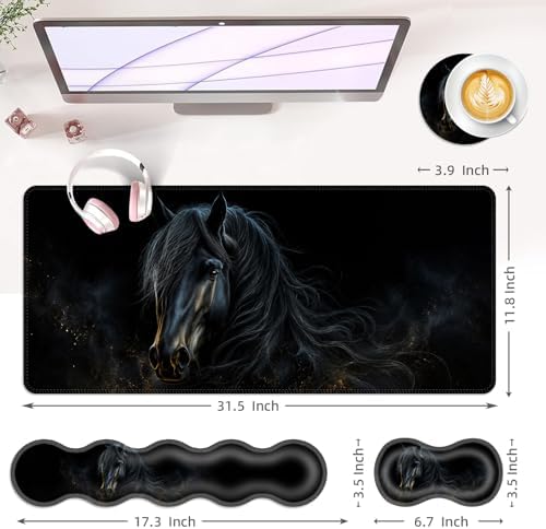 Large Keyboard Mouse Pad Set, Extended Mouse Pad+Keyboard Wrist Rest Support, Memory Foam Ergonomic Easy Typing, 4Pcs (31.5×11.8 in) Desk Pad Set for Office Home,Black Horse - Image 6
