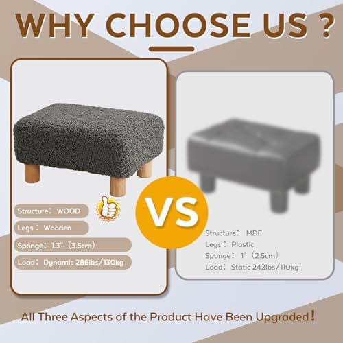 Small Foot Stool Ottoman, Sherpa Footstool Ottoman Foot Rest for Couch, Rectangle Footstools and Ottomans Small for Living Room, Entryway and Bedroom (Gray) - Image 6