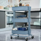 3 Tier Rolling Cart Metal Heavy Duty Utility Cart with Silent Caster Lockable Wheels Multi-Functional Organization Carts Storage Trolley with Mesh Shelves for Office Kitchen Living Room Blue - Image 6