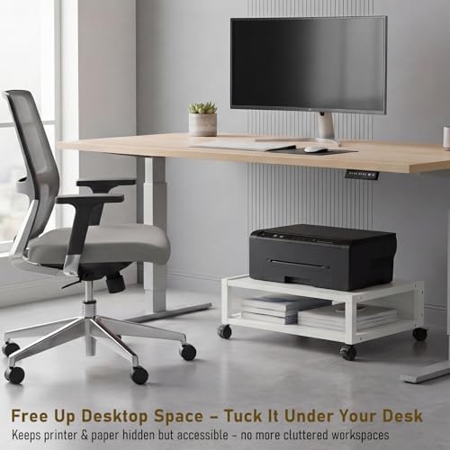 Zonon 2 Tier Printer Stand Under Desk with Wheels, Open Shelf, White - Image 6