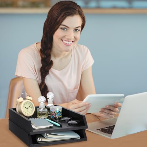 DoubleFill 2 Pcs Wooden Letter Tray 2 Tier Letter-Size Desk Tray, Black - Image 6