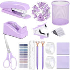 Office Supplies Set,Desk Accessories,Stapler And Tape Dispenser Set,Pen Holder,1000 Staples,Staple Remover,Hinder Clips,Ruler,Scissor,Index Tabs,Clear Tape,Ballpoint Pen,Sticky Notes,Coworkers(Purple) by musejoy
