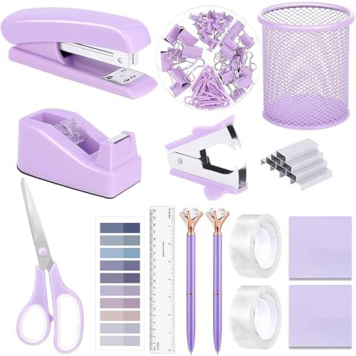 Office Supplies Set,Desk Accessories,Stapler And Tape Dispenser Set,Pen Holder,1000 Staples,Staple Remover,Hinder Clips,Ruler,Scissor,Index Tabs,Clear Tape,Ballpoint Pen,Sticky Notes,Coworkers(Purple) by musejoy
