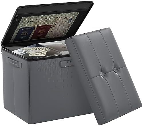 DocSafe Storage Ottoman with Lock,Fireproof Folding Ottoman Foot Rest Stool Storage Chest with Storage Safe for Important Documents,Waterproof 17 Inches Short Ottoman Foot Stool with Handles,Grey by DocSafe