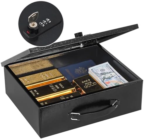 KYODOLED Fireproof Lock Box for Documents, Dual Combination and Key Lock Security with Carrying Handle, Metal Strong Safe Box to Keep Personal Items, Documents, Exterior 13.2''x 11''x4.13'', Black by KYODOLED