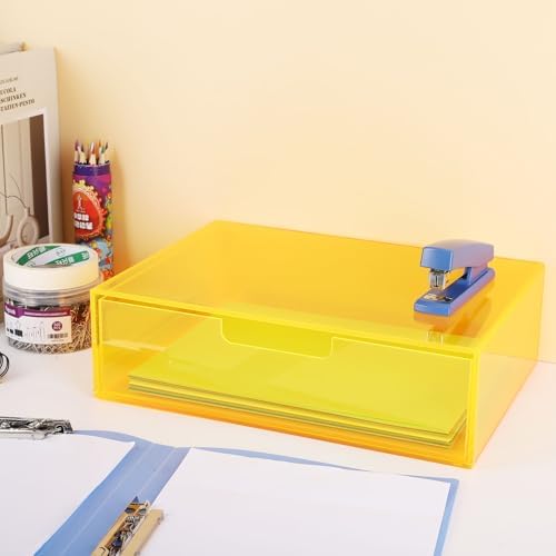 Gelite Acrylic Desk Organizer with Drawer for Makeup Vanity Stackable Desktop Storage Box for Office Supplies, 13.8 x 9.8 x 3.9’’, Neon Yellow - Image 6