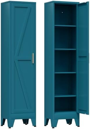 COFaR 67'' Tall Narrow Bathroom Storage Cabinet, Metal Farmhouse Skinny Pantry Cabinet with 4 Adjustable Shelves and One Door, Slim Cabinet Storage for Kitchen Laundry, 5-Tier Peacock Blue by COFAR