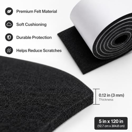 Felt Furniture Pads Self Adhesive Felt Tape for Hardwood Floors (Black, 5"x120") - Image 3
