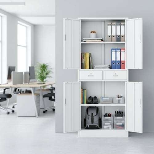 CJF Metal Storage Cabinet with Adjustable Shelves and Drawers, 71" H Locking Pantry Storage Cabinet for Office, Garage, Home, School, Utility (White) - Image 2