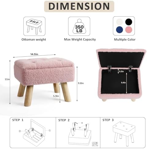 OGEMXU Storage Ottoman, Small Foot Stool Ottoman with Storage, Boucle Teddy Velvet Foot Rest with Padded Seat, Sturdy Wood Legs Stool for Living Room, Bedroom, Couch, Enterway (Pink) - Image 3