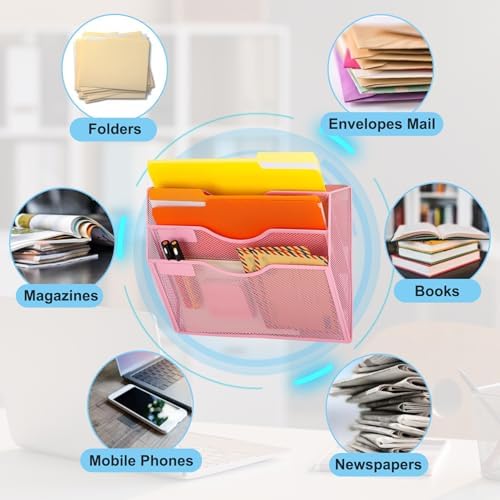 EASEPRES Magnetic 3 Pocket Mesh Hanging Wall File Organizer, Wall Mounted Mail Paper Document Folder Holder, Clipboard Storage Magazine Rack with Nametag Label for Office Home School, Pink - Image 4