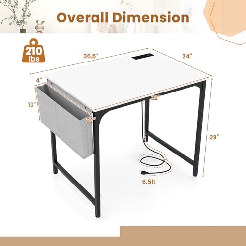 GIANTEX 32 Inch Computer Desk with Charging Station, Home Office Writing Desk with Storage Bag & Headphone Hook, Compact Gaming Table PC Workstation, Modern Simple Laptop Desk for Bedroom, Study - Image 3