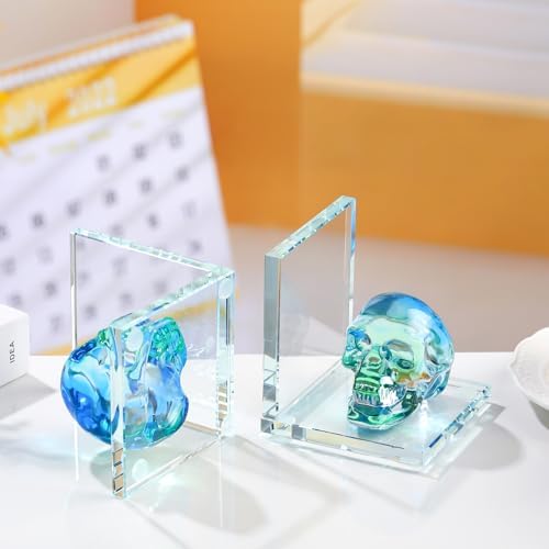 Glass Skull Book Ends for Shelves with Green Crystal Skulls - Image 2